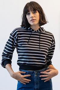  Ecrou Kadın Siyah Beyaz Çizgili Kapşonlu Crop Sweat 2212