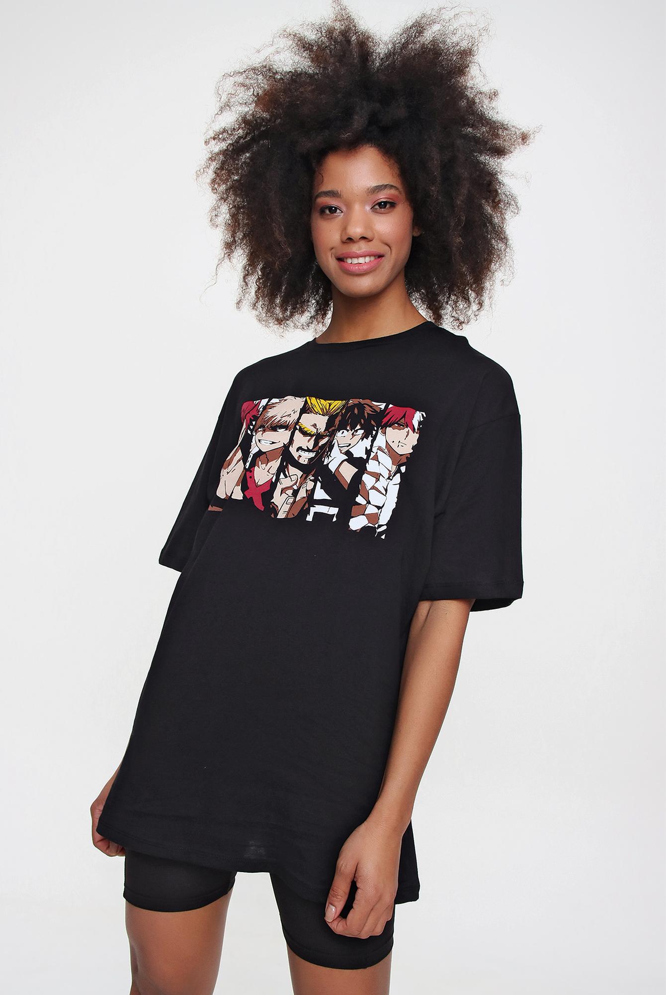 Ecrou Kadın Siyah Anime Baskı Oversize Tshirt