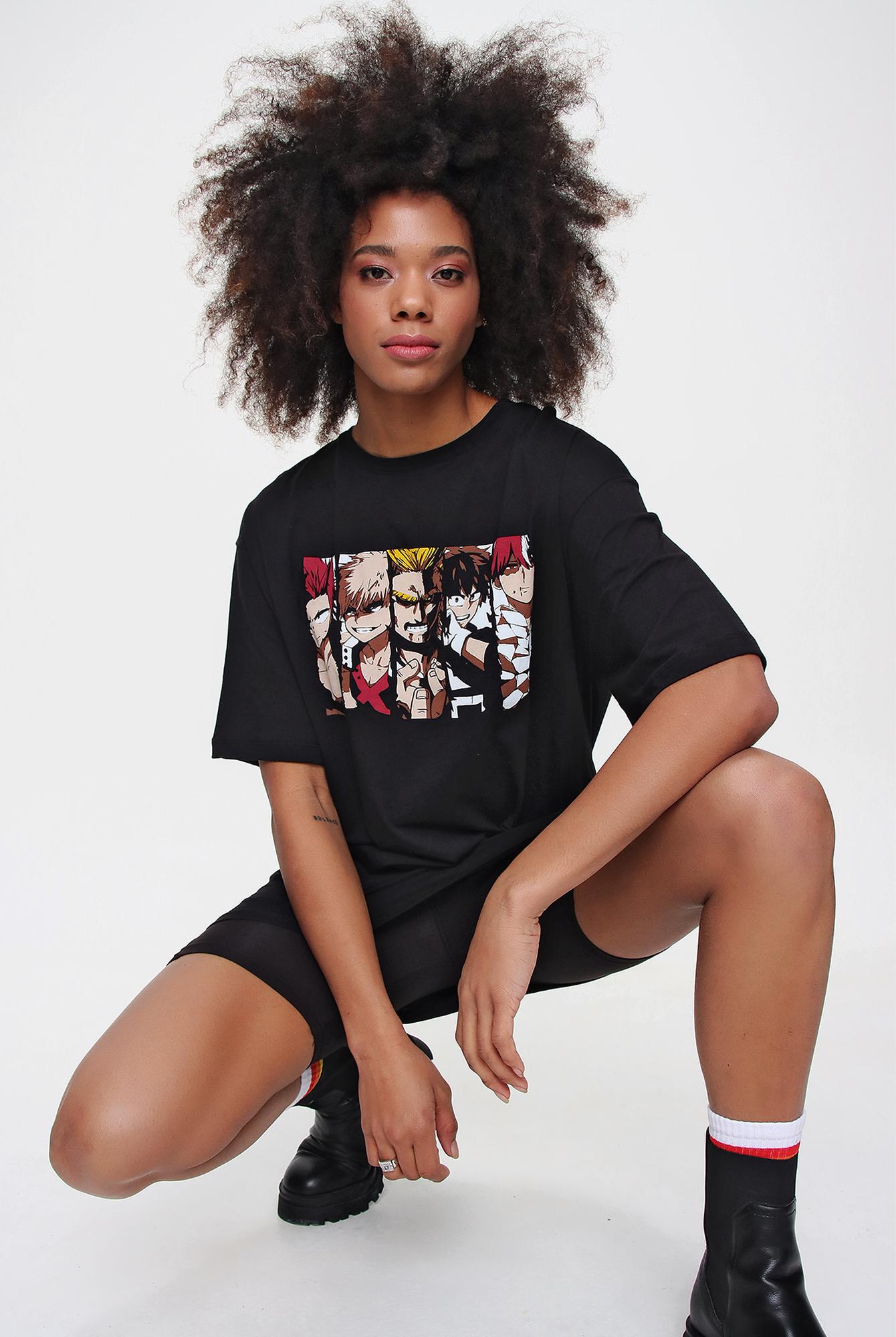  Ecrou Kadın Siyah Anime Baskı Oversize Tshirt