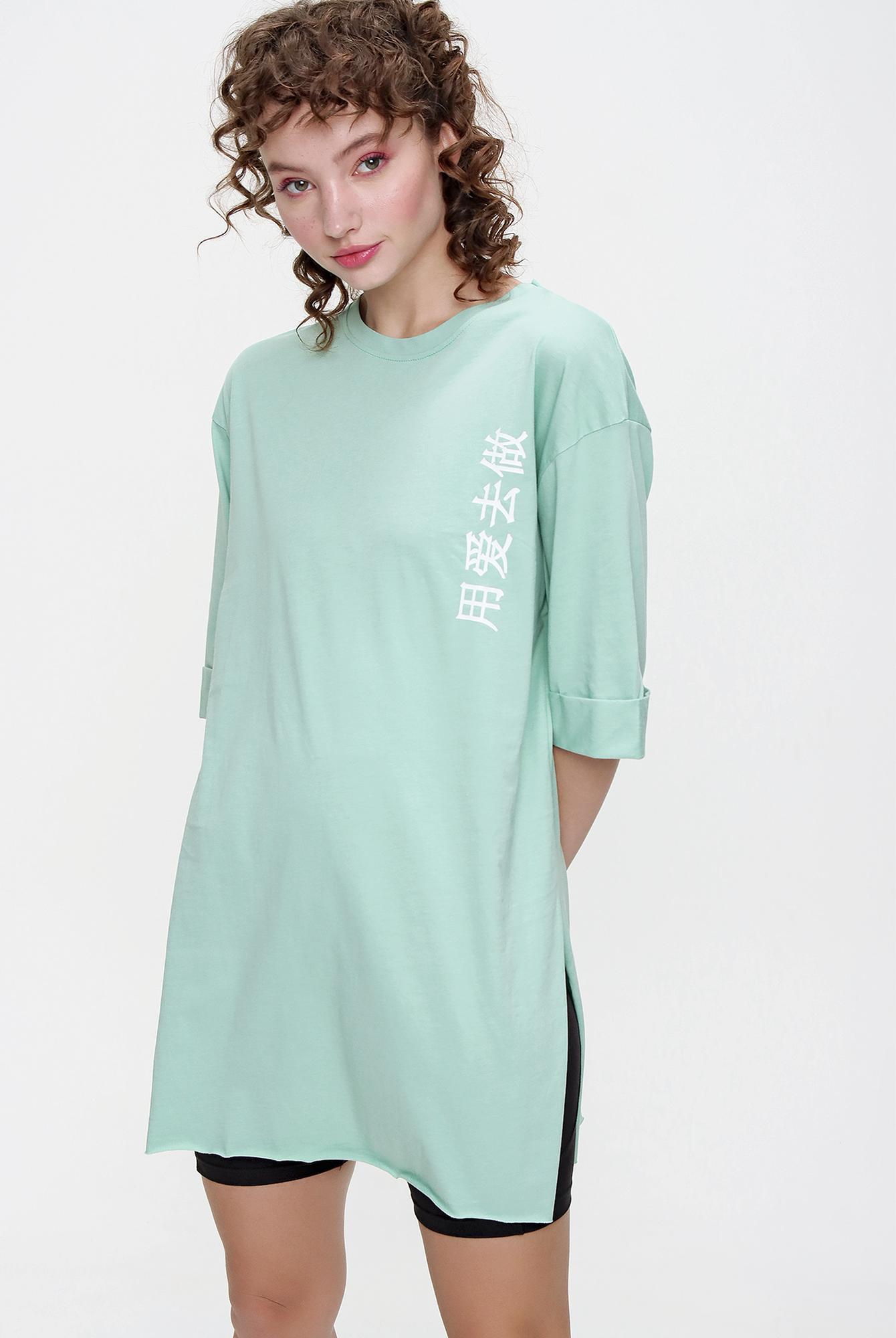  Ecrou Kadın Mint Japonca Yazı Karakterli Duble Kol Oversize Tshirt