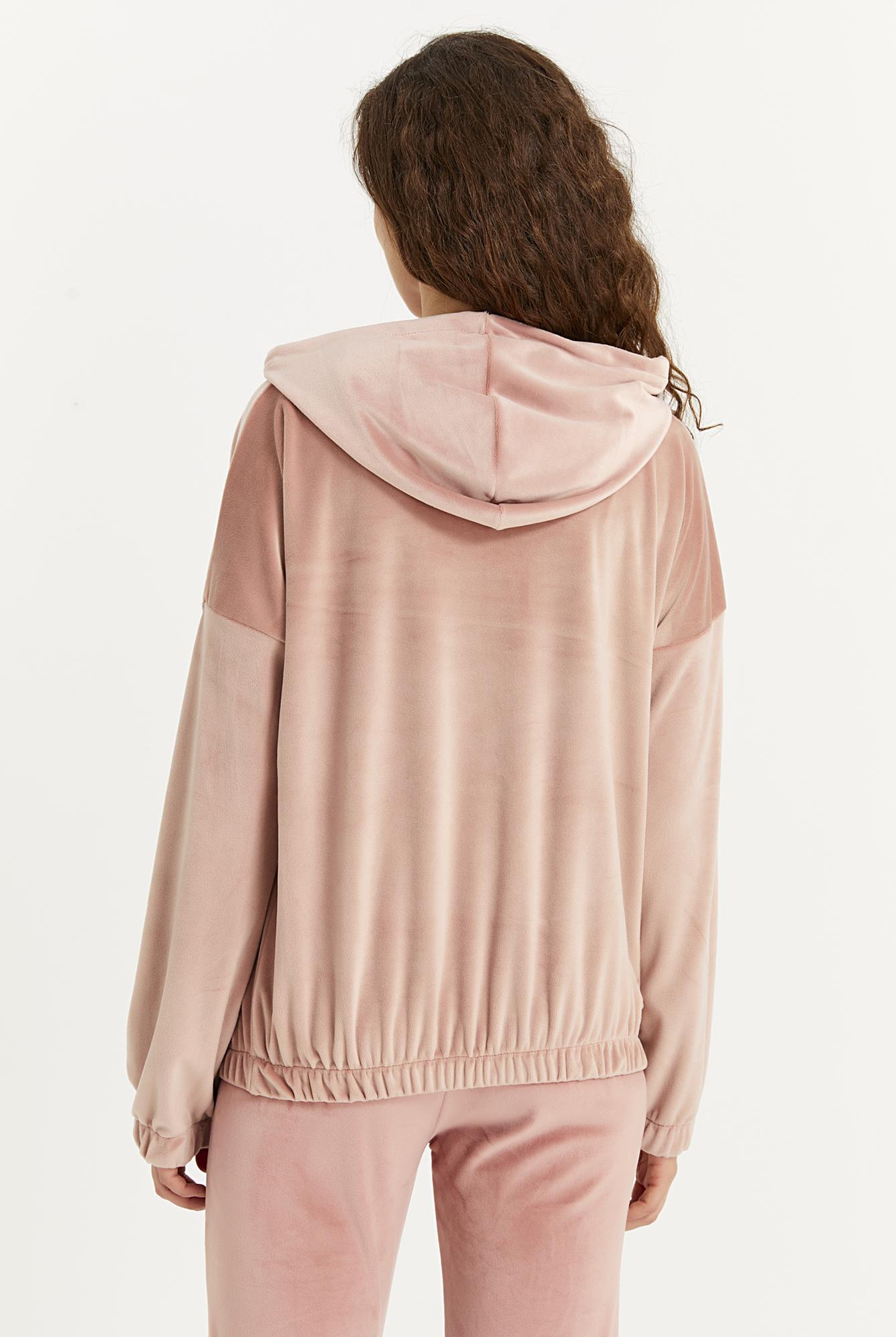  Ecrou Kadın Pudra Kapşonlu Crop Kadife Sweat
