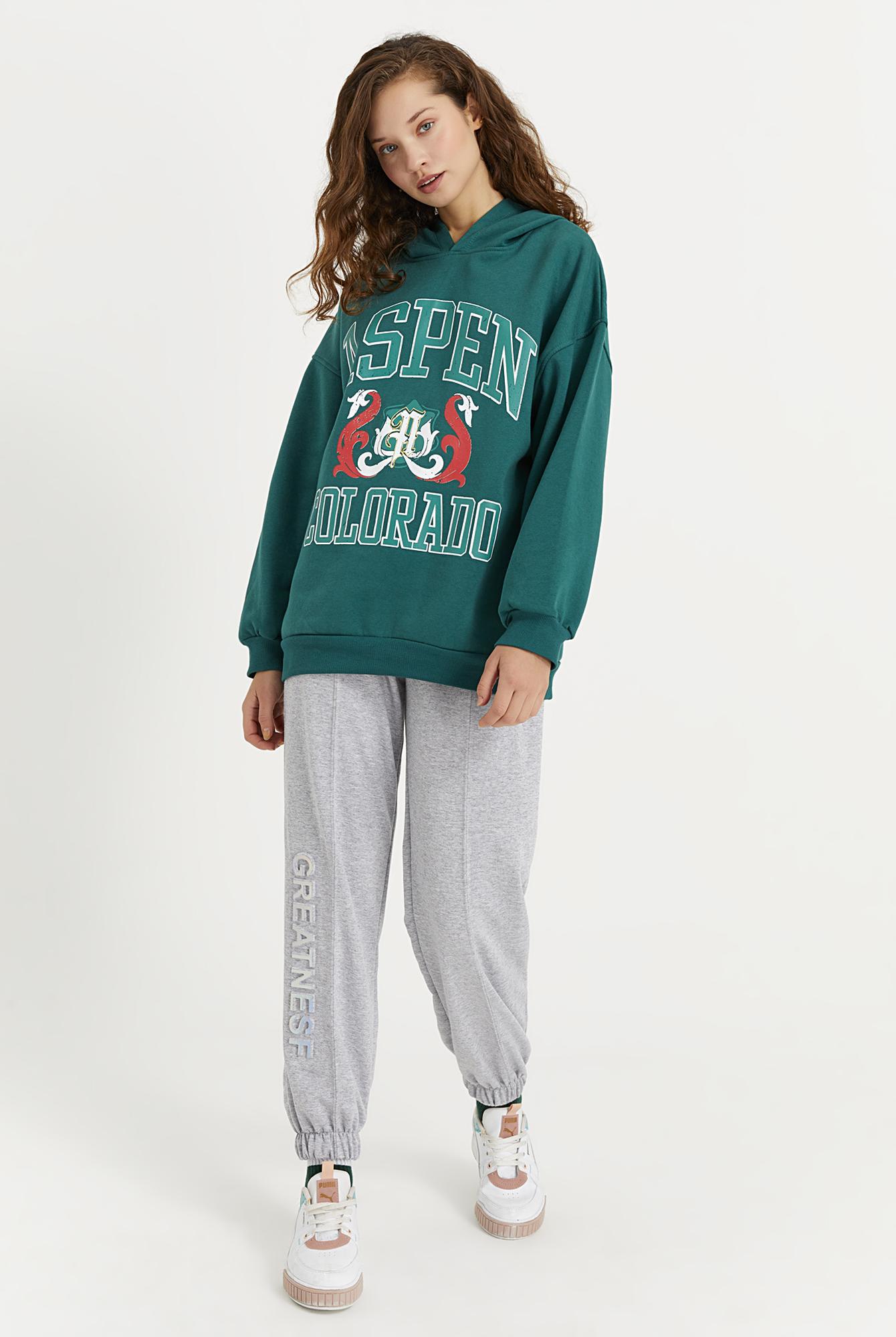  Ecrou Kadın Yeşil Aspen Colorado Yazılı Kapüşonlu 3 İplik Oversize Sweat