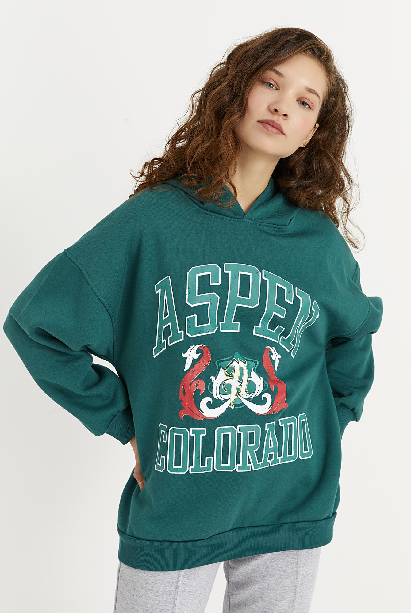  Ecrou Kadın Yeşil Aspen Colorado Yazılı Kapüşonlu 3 İplik Oversize Sweat
