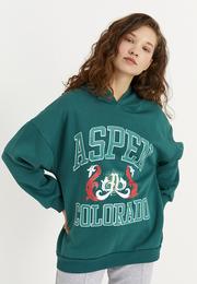  Ecrou Kadın Yeşil Aspen Colorado Yazılı Kapüşonlu 3 İplik Oversize Sweat