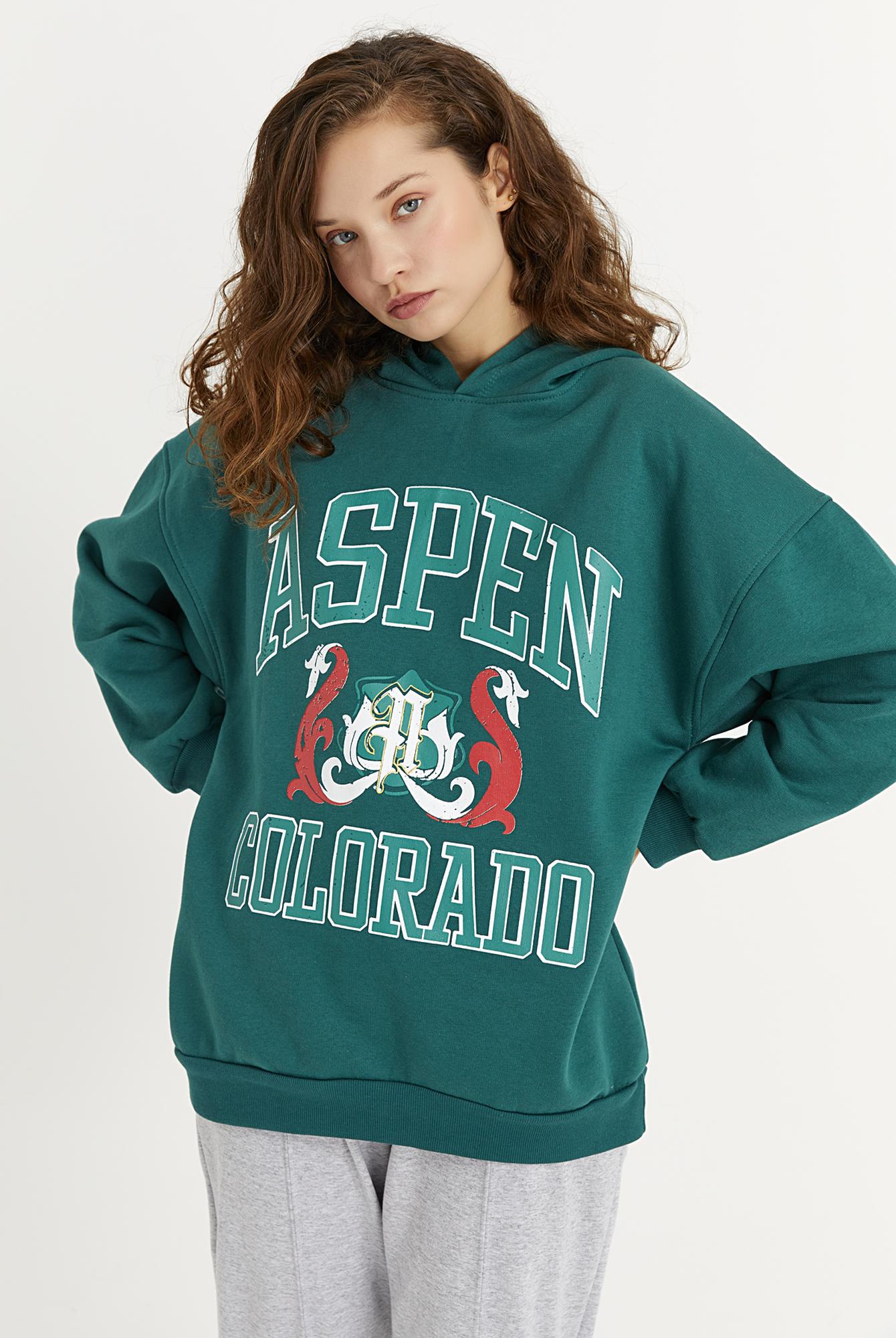  Ecrou Kadın Yeşil Aspen Colorado Yazılı Kapüşonlu 3 İplik Oversize Sweat