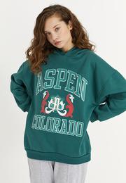  Ecrou Kadın Yeşil Aspen Colorado Yazılı Kapüşonlu 3 İplik Oversize Sweat