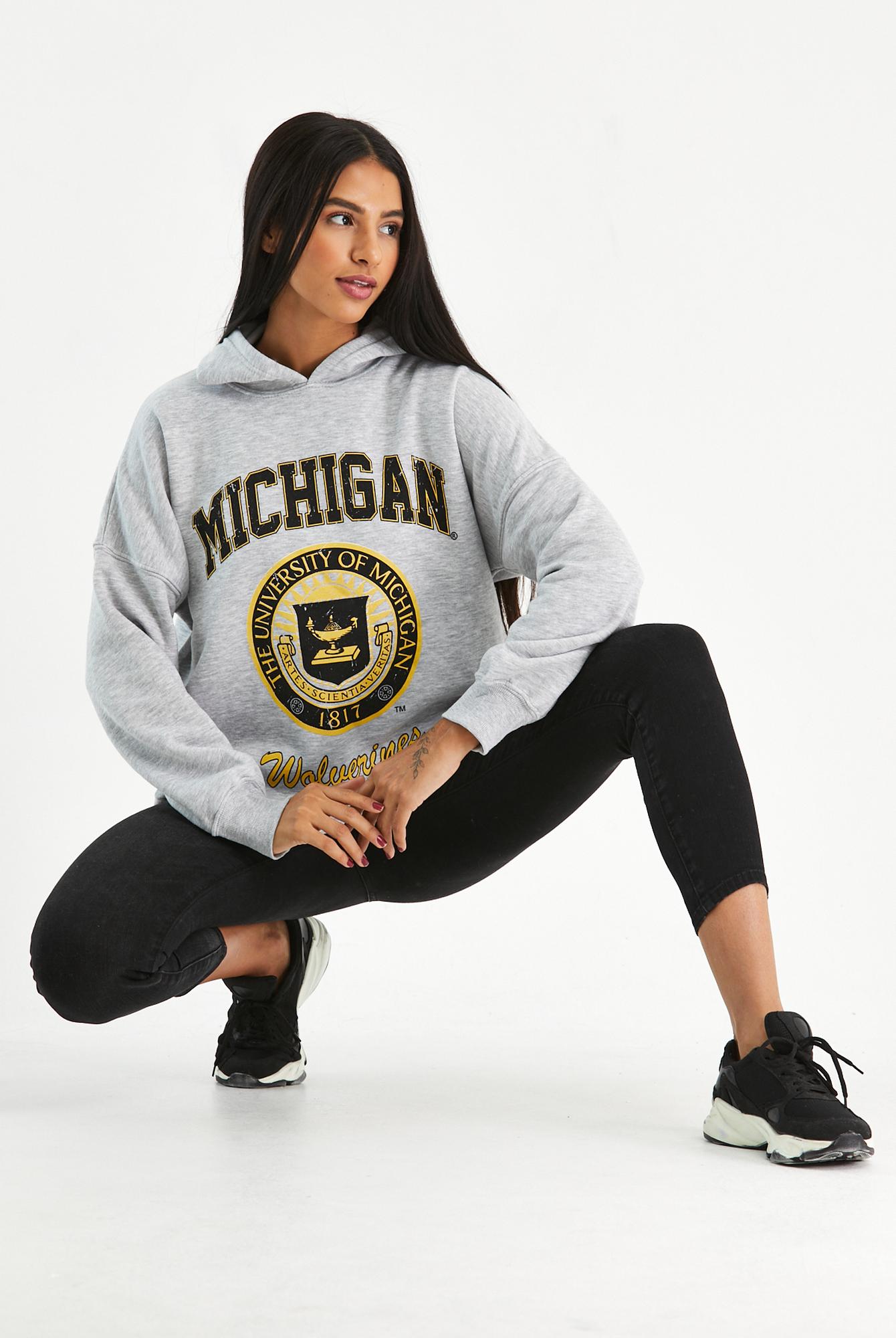 Ecrou Kadın Kar Melanj Kapşonlu Michigan Baskılı 3 İplik Oversize Sweat