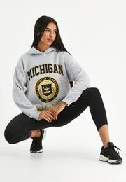  Ecrou Kadın Kar Melanj Kapşonlu Michigan Baskılı 3 İplik Oversize Sweat