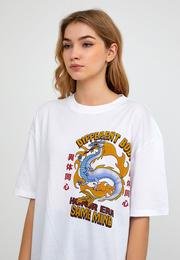  Ecrou Kadın Beyaz Different Yazılı Ön Ve Sırt Ejderha Baskılı Oversize Tshirt