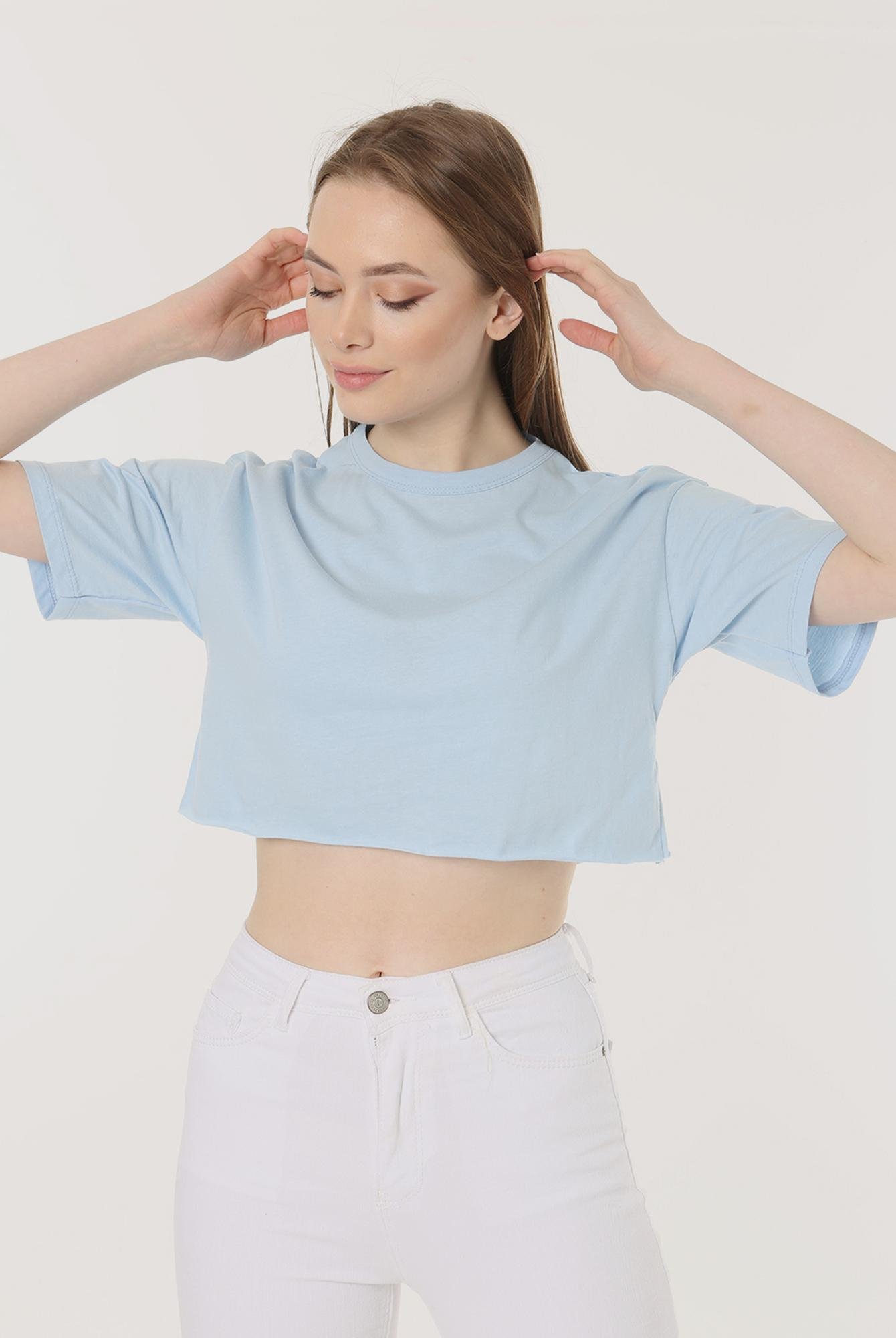  Ecrou Kadın Bebek Mavi Basic Kesik Uç Oversize Crop Tshirt