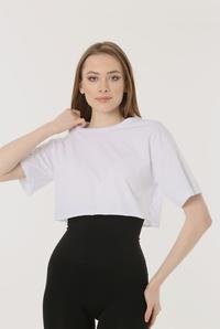  Ecrou Kadın Beyaz Basic Kesik Uç Oversize Crop Tshirt