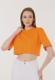  Ecrou Kadın Oranj Basic Kesik Uç Oversize Crop Tshirt