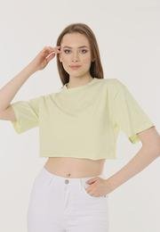  Ecrou Kadın Neon Yeşil Basic Kesik Uç Oversize Crop Tshirt