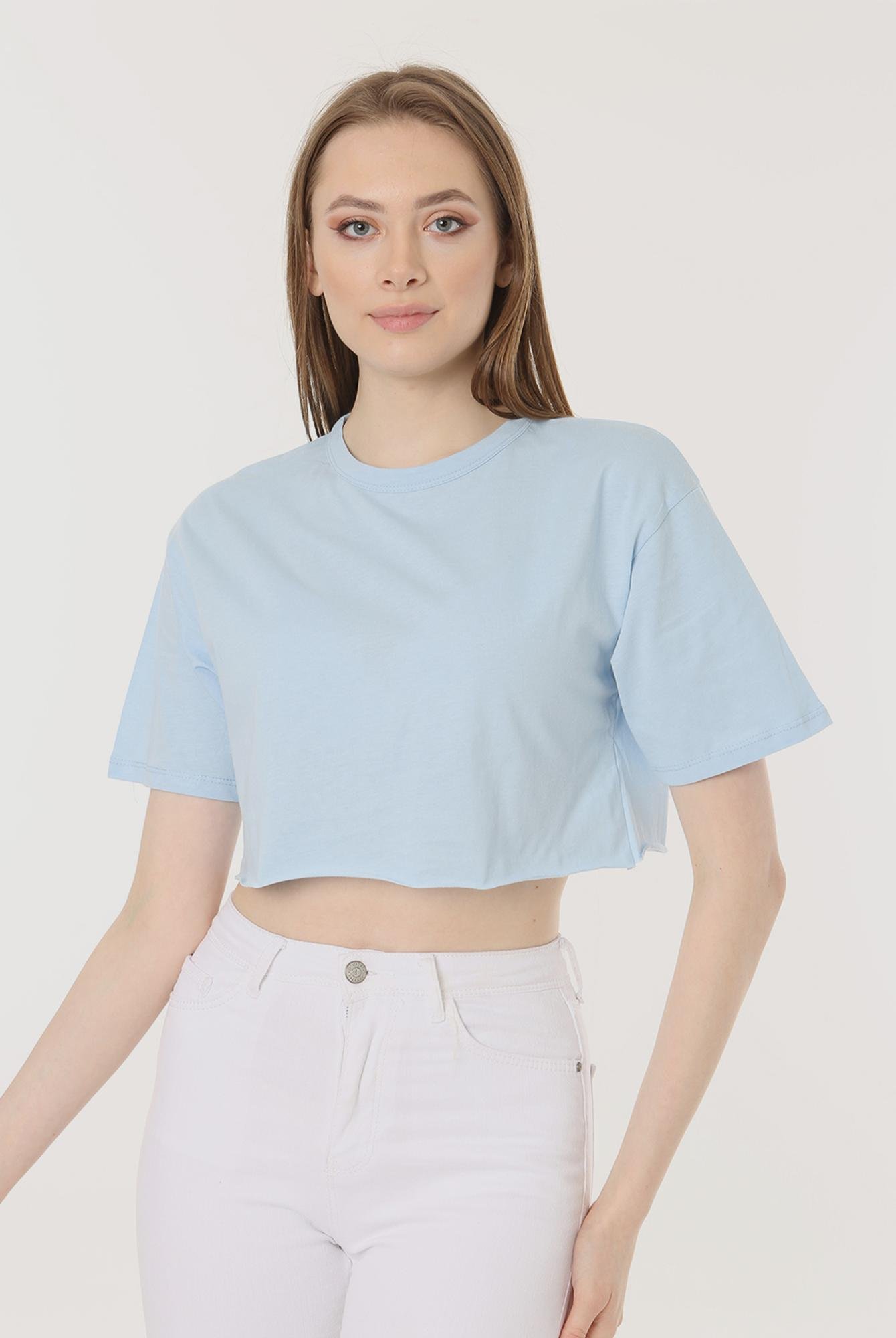  Ecrou Kadın Bebek Mavi Basic Kesik Uç Oversize Crop Tshirt