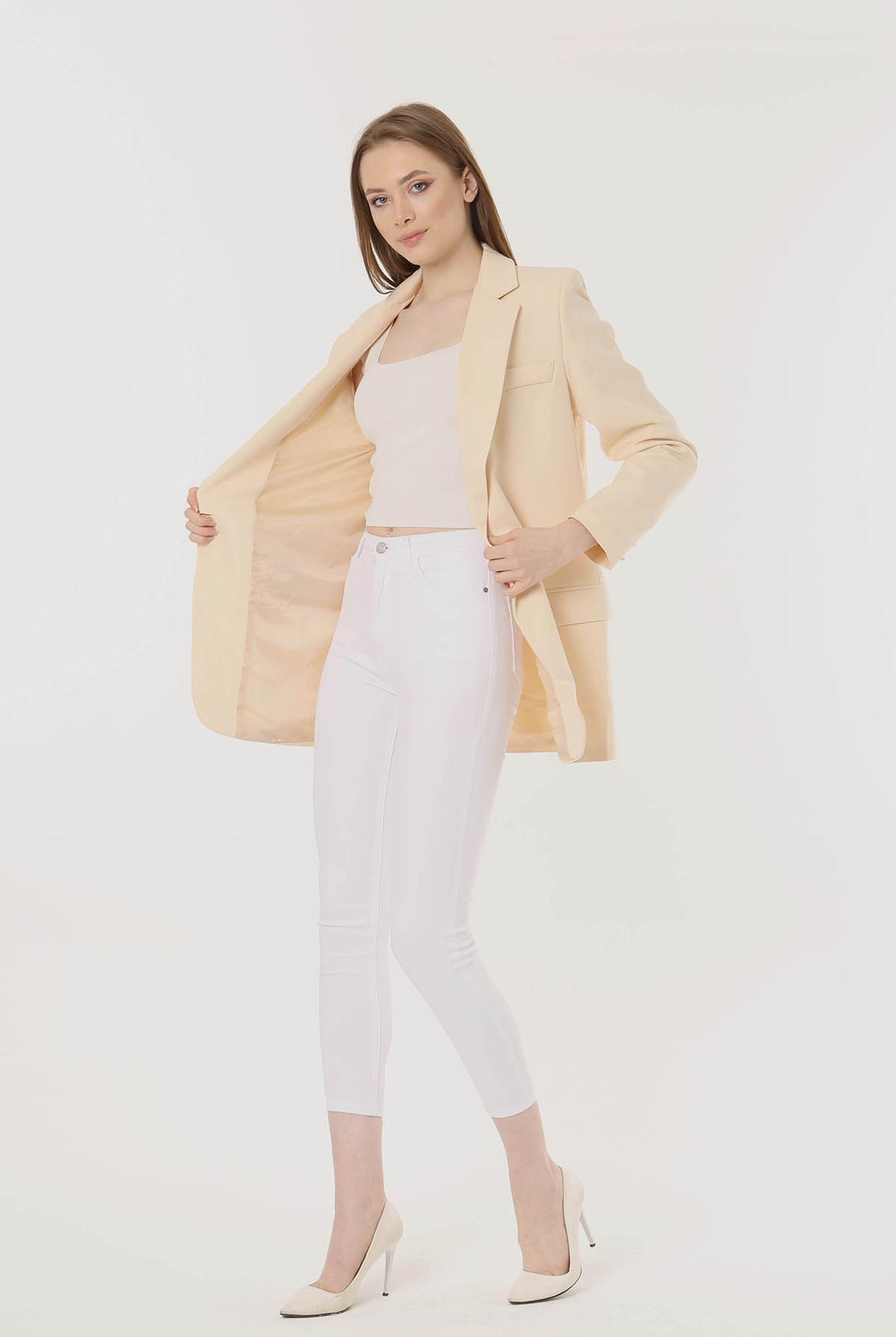  Ecrou Kadın Bej Tek Düğme Basıc Blazer Ceket