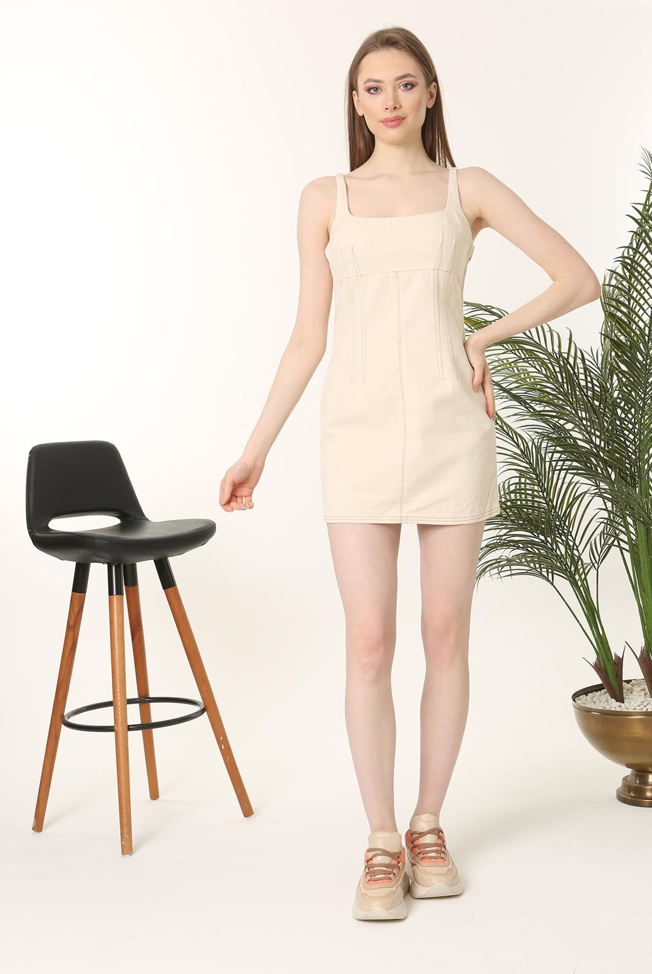  Ecrou Kadın Ekru Askılı Yanı Pensli Denim Mini Elbise