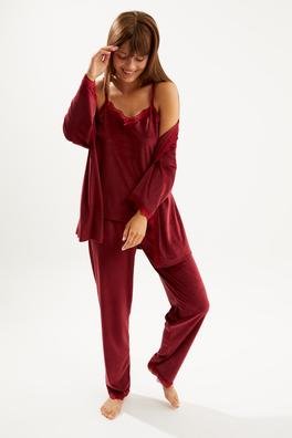 Ecrou Kadın Bordo Soft Kadife Truvakar Kol İp Askılı Pantolon 3 Lü Pijama Takım