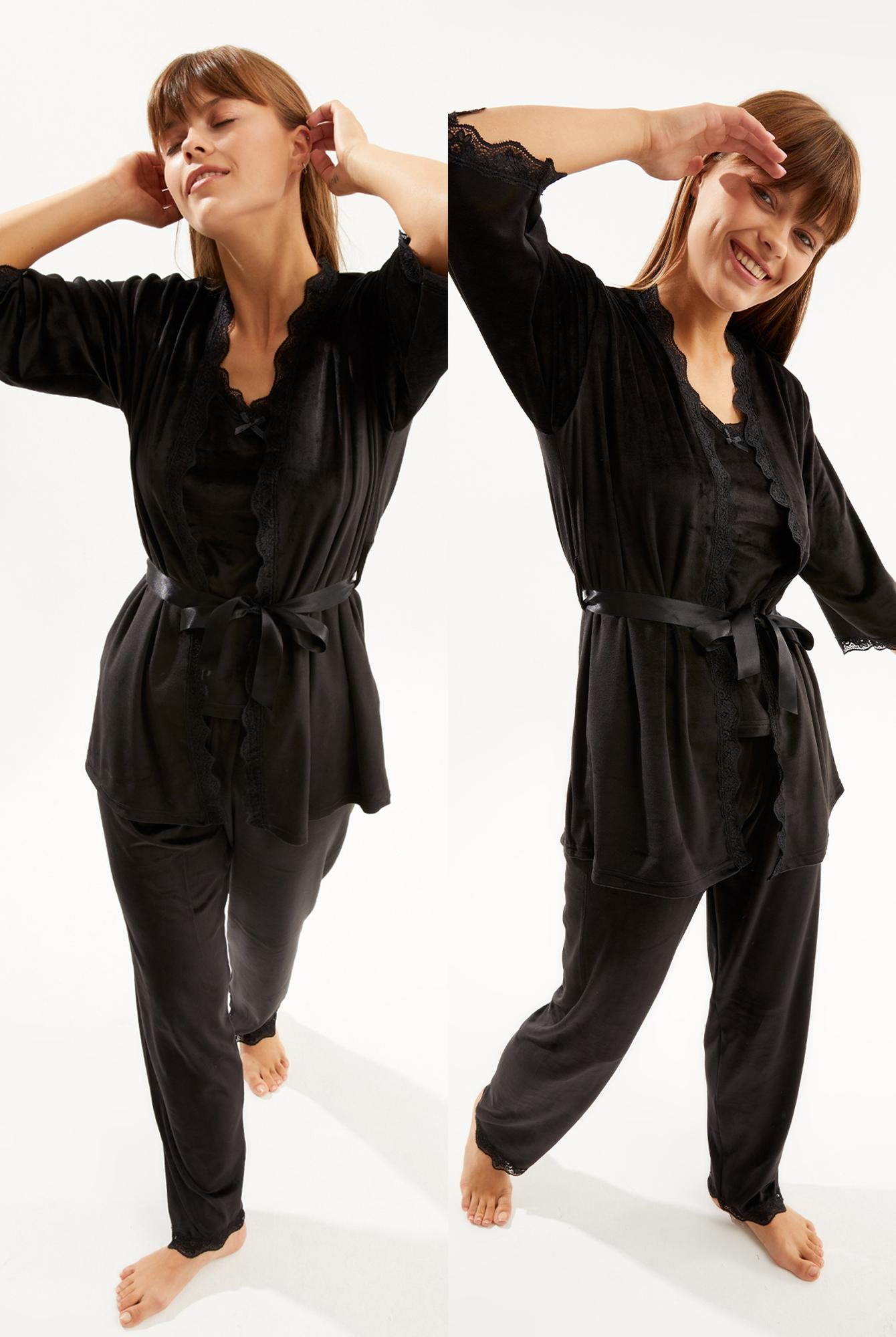  Ecrou Kadın Siyah Soft Kadife Truvakar Kol İp Askılı Pantolon 3 Lü Pijama Takım