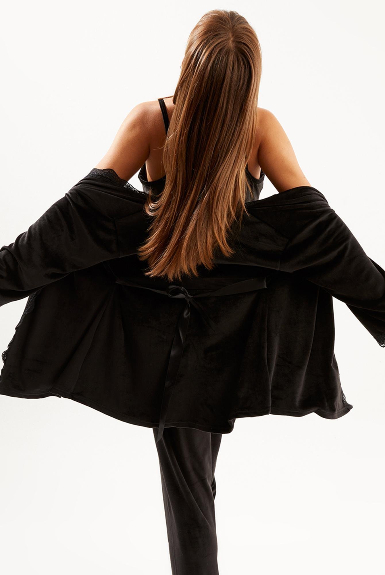  Ecrou Kadın Siyah Soft Kadife Truvakar Kol İp Askılı Pantolon 3 Lü Pijama Takım