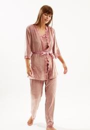  Ecrou Kadın Pudra Soft Kadife Truvakar Kol İp Askılı Pantolon 3 Lü Pijama Takım