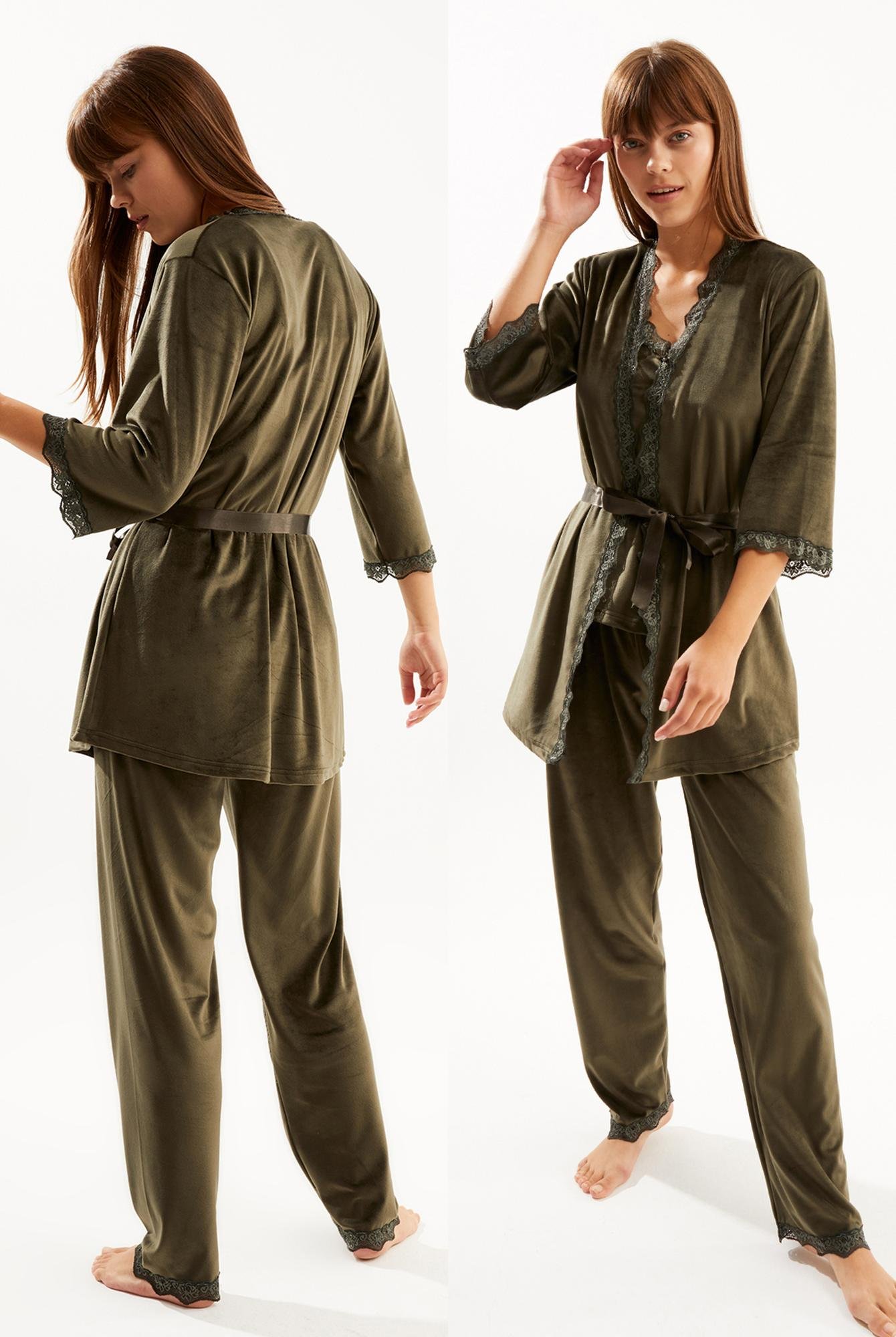  Ecrou Kadın Haki Soft Kadife Truvakar Kol İp Askılı Pantolon 3 Lü Pijama Takım