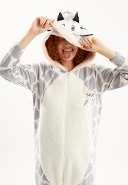  Kadın Gri Sevimli İnek Dama Desen Polar Tulum Pijama Takımı