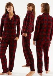  Ecrou Kırmızı Siyah Ekose Süet Düğmeli Bebe Yaka Uzun Kol Uzun Alt Pijama Takım