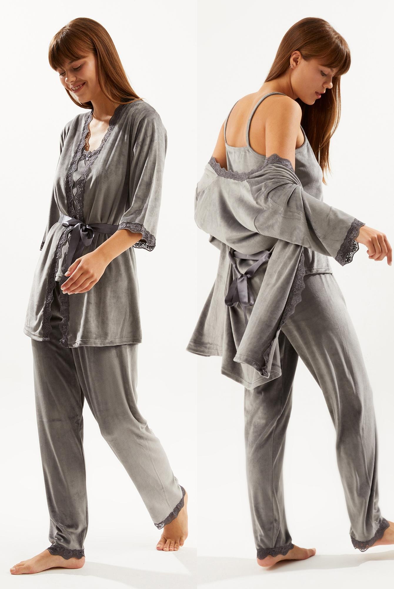  Ecrou Kadın Antrasit Soft Kadife Truvakar Kol İp Askılı Pantolon 3 Lü Pijama Takım