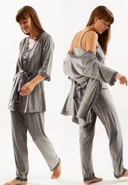  Ecrou Kadın Antrasit Soft Kadife Truvakar Kol İp Askılı Pantolon 3 Lü Pijama Takım
