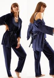  Ecrou Kadın Lacivert Soft Kadife Truvakar Kol İp Askılı Pantolon 3 Lü Pijama Takım
