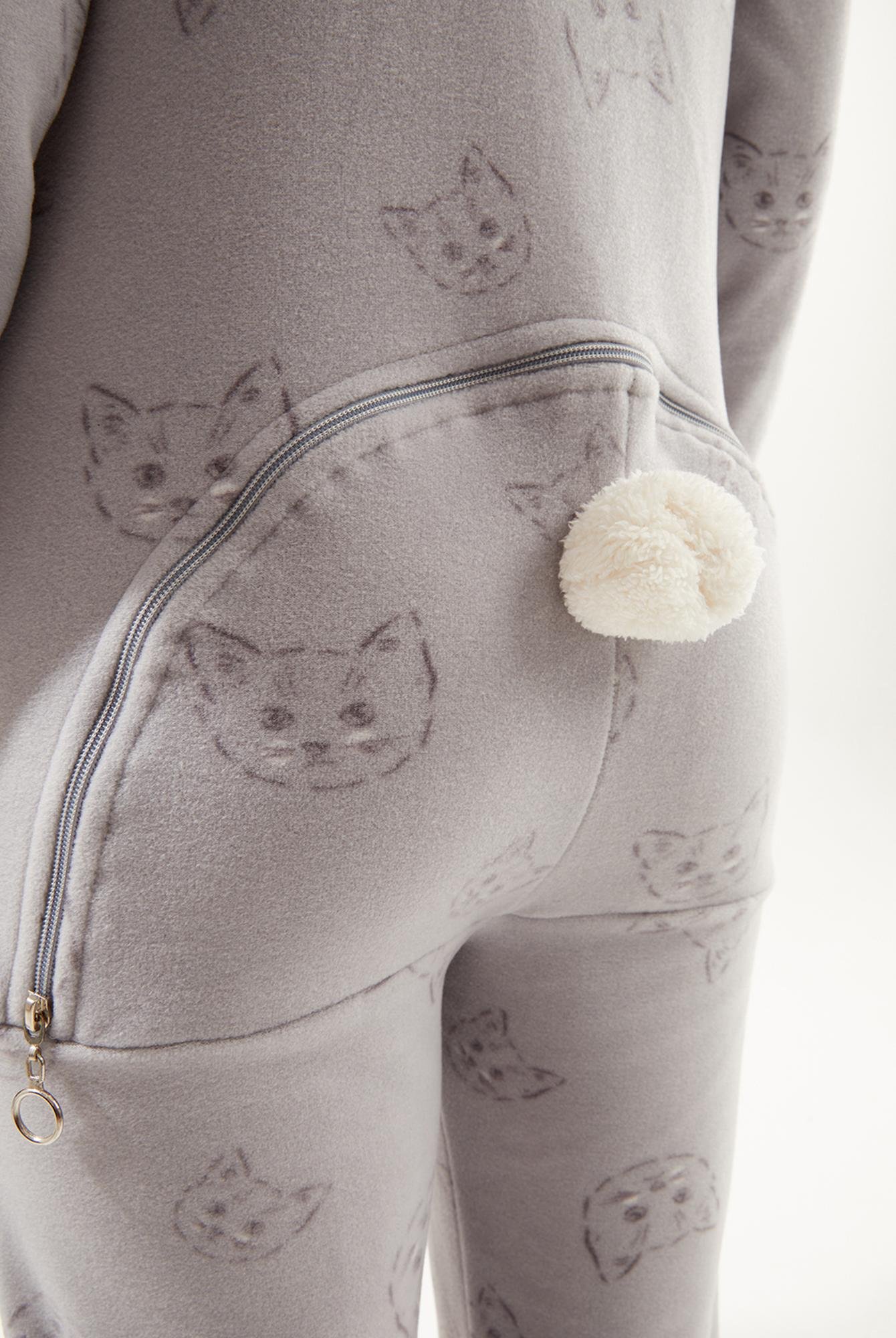  Kadın Gri Sevimli Kedi Baskılı Arka Fermuarlı Polar Tulum Pijama Takımı