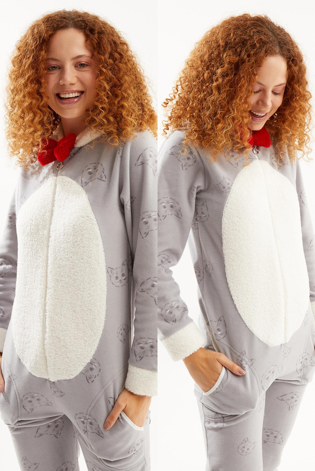  Kadın Gri Sevimli Kedi Baskılı Arka Fermuarlı Polar Tulum Pijama Takımı