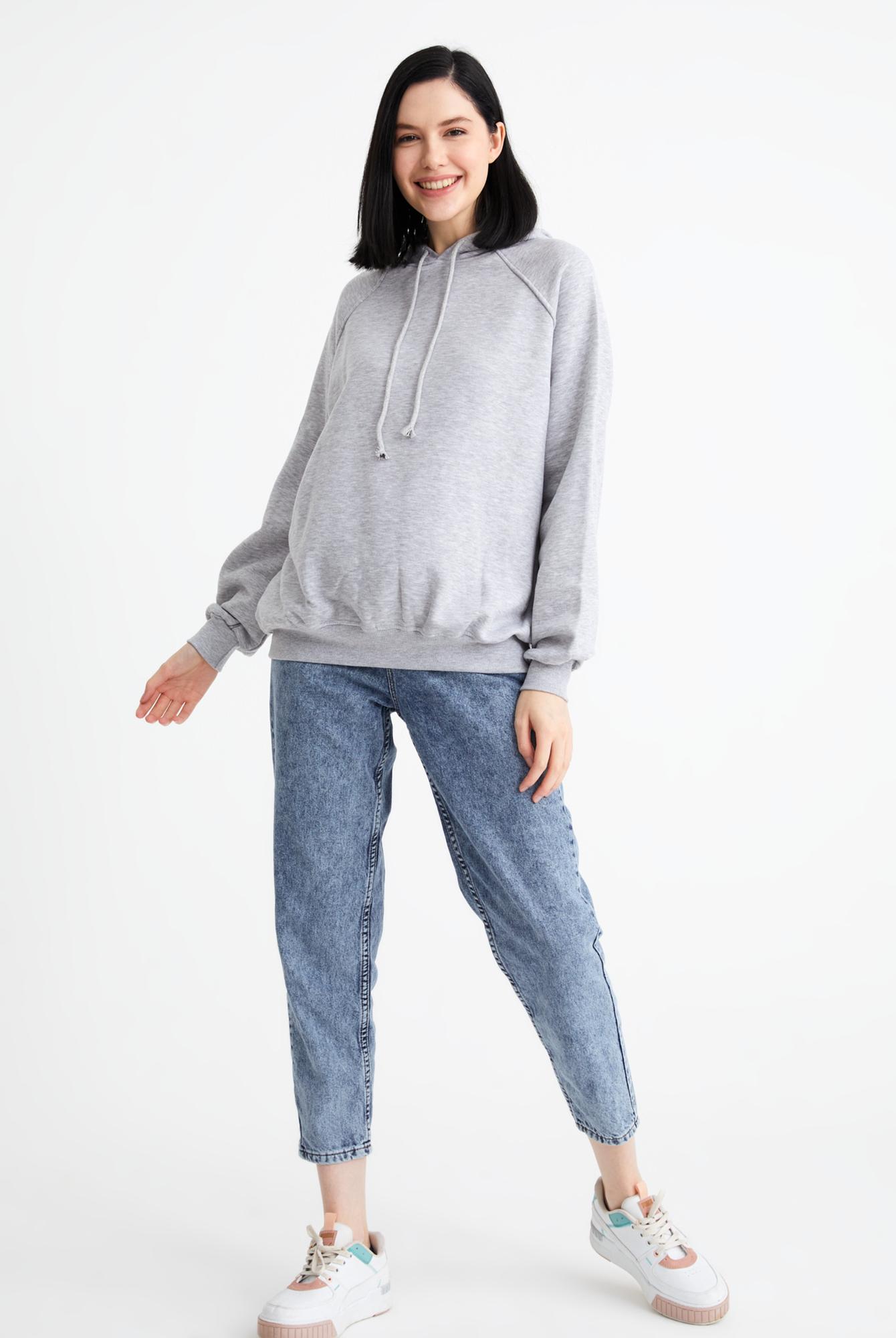  Ecrou Kadın Gri Melanj Reglan Kol 3 İplik Kapüşonlu Oversize Sweat