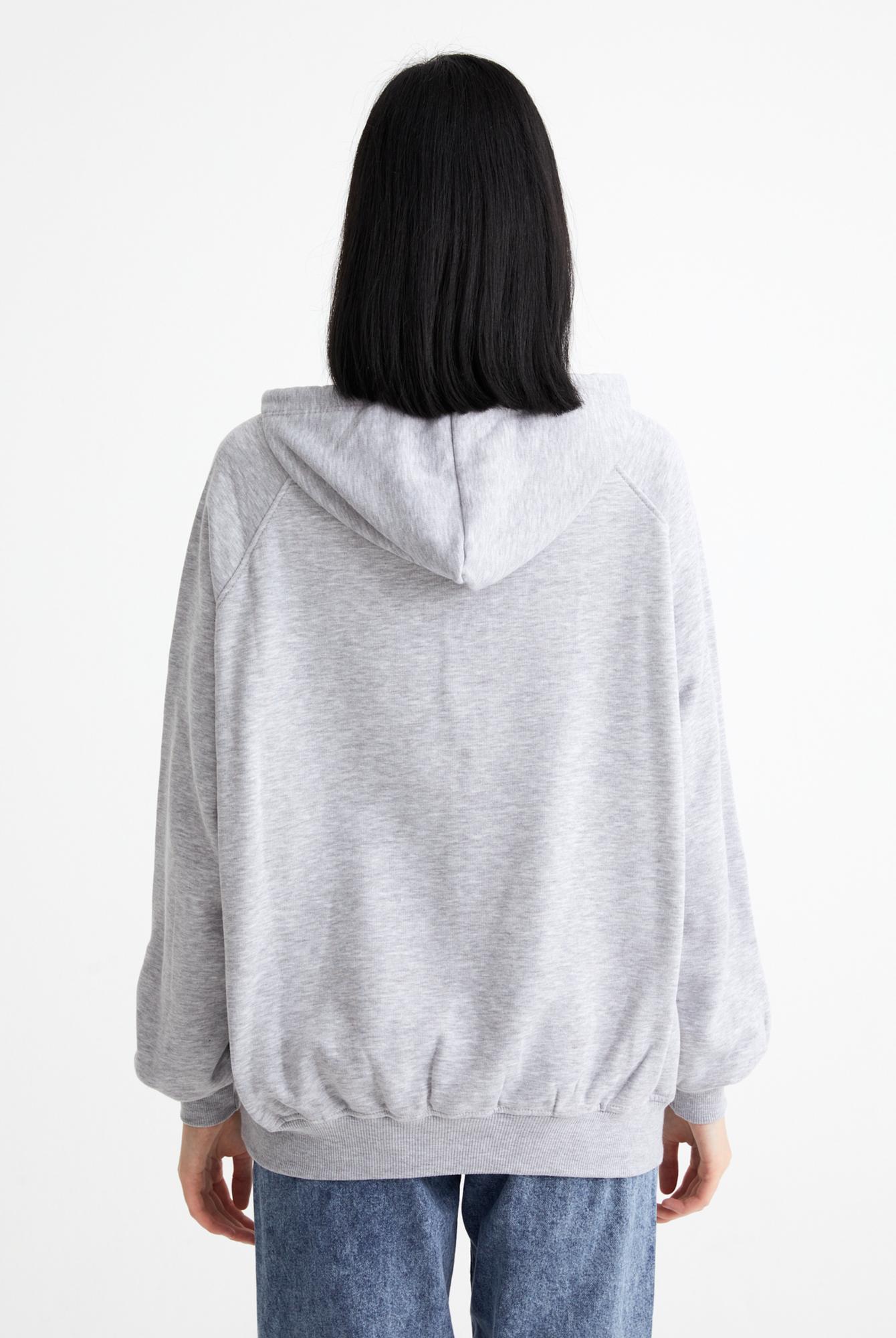  Ecrou Kadın Gri Melanj Reglan Kol 3 İplik Kapüşonlu Oversize Sweat