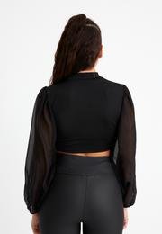  Ecrou Kadın Siyah Kolları Tül Ve Balon Detay Crop Bluz