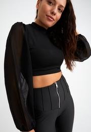  Ecrou Kadın Siyah Kolları Tül Ve Balon Detay Crop Bluz