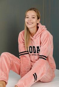  Ecrou Kadın Pudra Kapüşonlu TODAY Yazılı Welsoft 2 li Pijama Takım