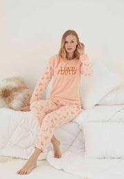  Ecrou Kadın Somon Bisiklet Yaka LOVE Yazılı Üst Welsoft Alt Polar 2li Pijama Takım