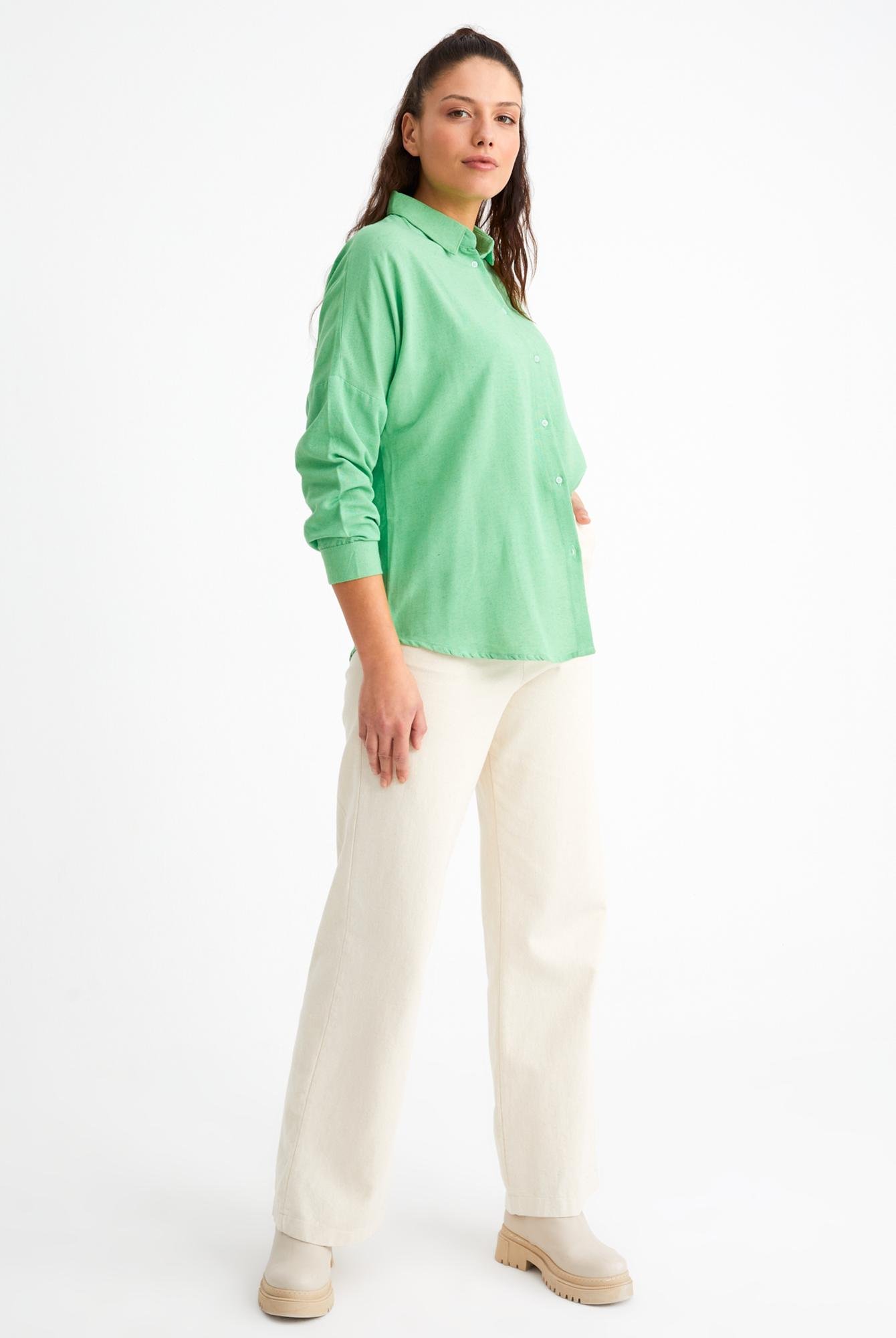  Ecrou Kadın Yeşil Oversize Basic Keten Gömlek