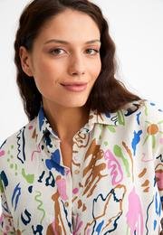  Ecrou Kadın Saks Soyut Desenli Oversize Keten Gömlek