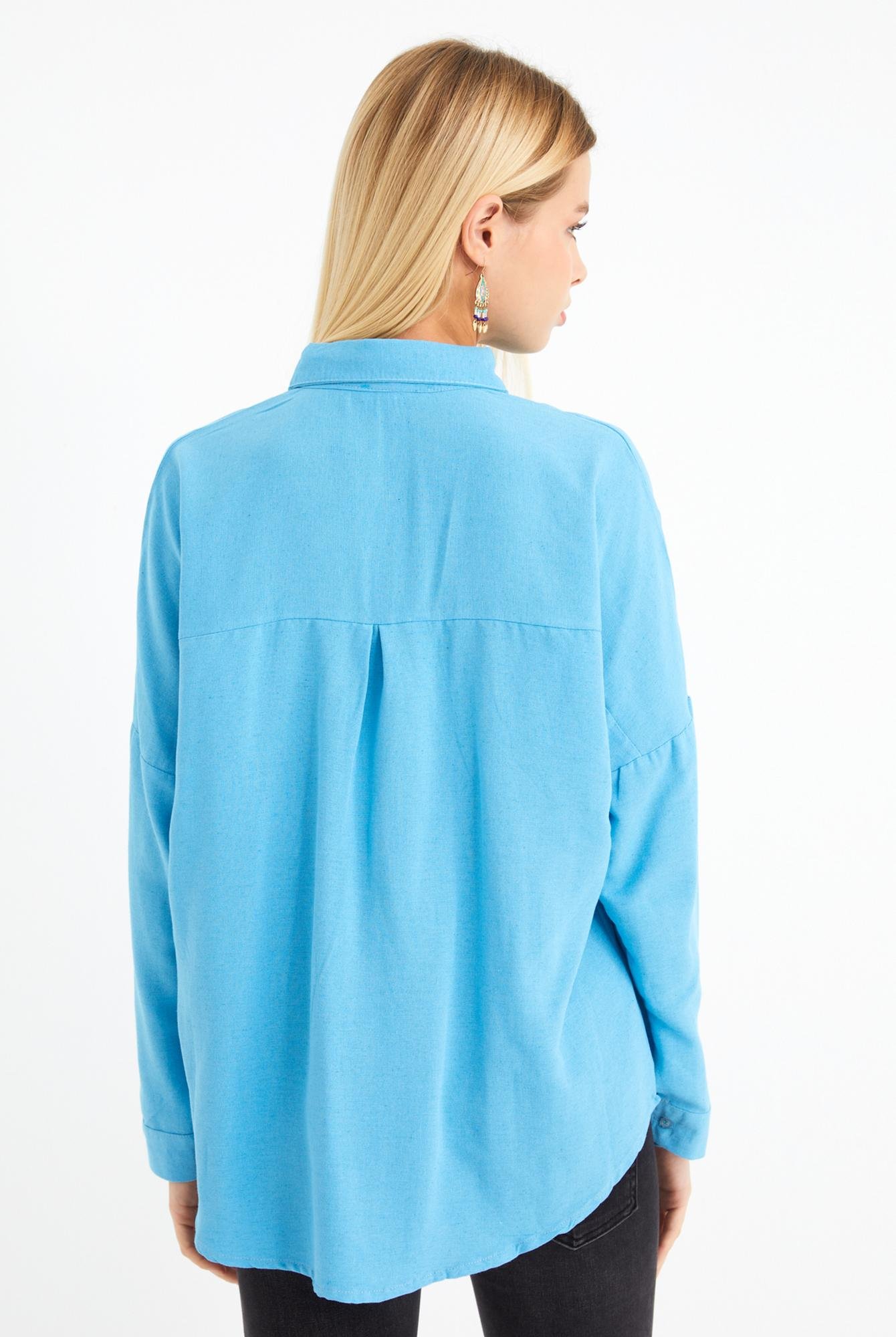  Ecrou Kadın Mavi Oversize Basic Keten Gömlek
