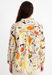  Ecrou Kadın Oranj Soyut Desenli Oversize Keten Gömlek