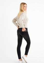  Ecrou Kadın Antrasit Yüksek Bel Paçası Püsküllü Skinny Likralı Jeans Pantolon