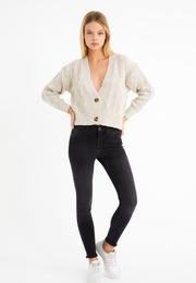  Ecrou Kadın Antrasit Yüksek Bel Paçası Püsküllü Skinny Likralı Jeans Pantolon