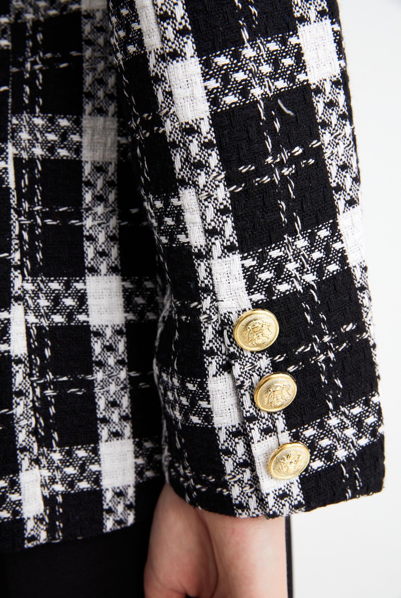  Ecrou Kadın Siyah Ekoseli Kruvaze Yaka Metal Düğmeli Şönil Ceket