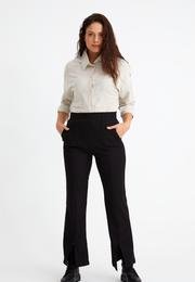  Ecrou Kadın Siyah Ön Paçası Yırtmaçlı Beli Lastikli Pantolon