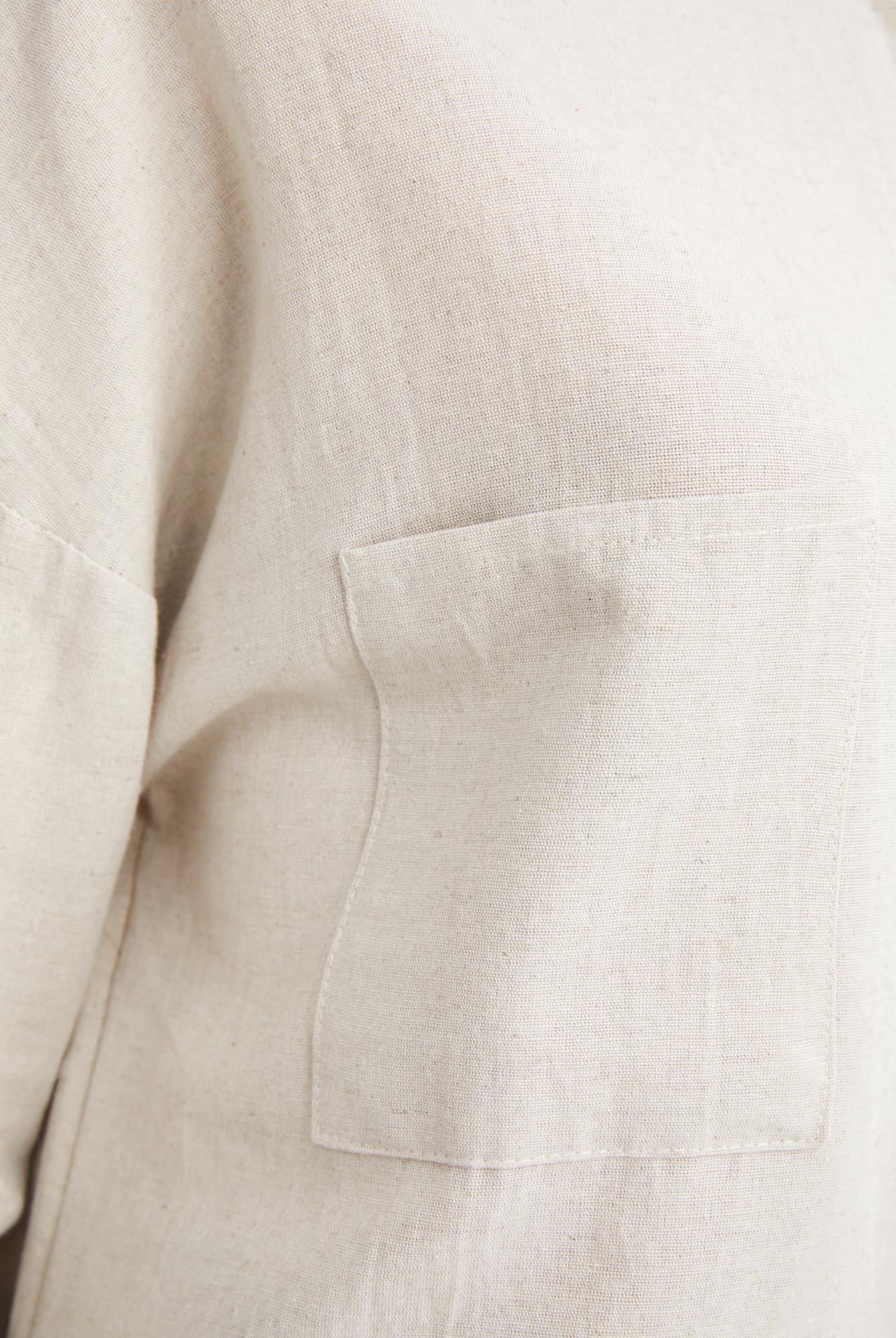  Ecrou Kadın Bej Göğüs Cepli Yanı Oval Keten Görünümlü Oversize Gömlek