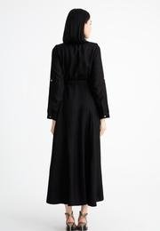  Ecrou Kadin Siyah Gömlek Yaka Uzun Gömlek Elbise
