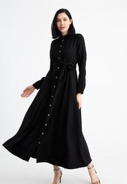  Ecrou Kadin Siyah Gömlek Yaka Uzun Gömlek Elbise