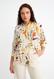  Ecrou Kadın Oranj Soyut Desenli Oversize Keten Gömlek